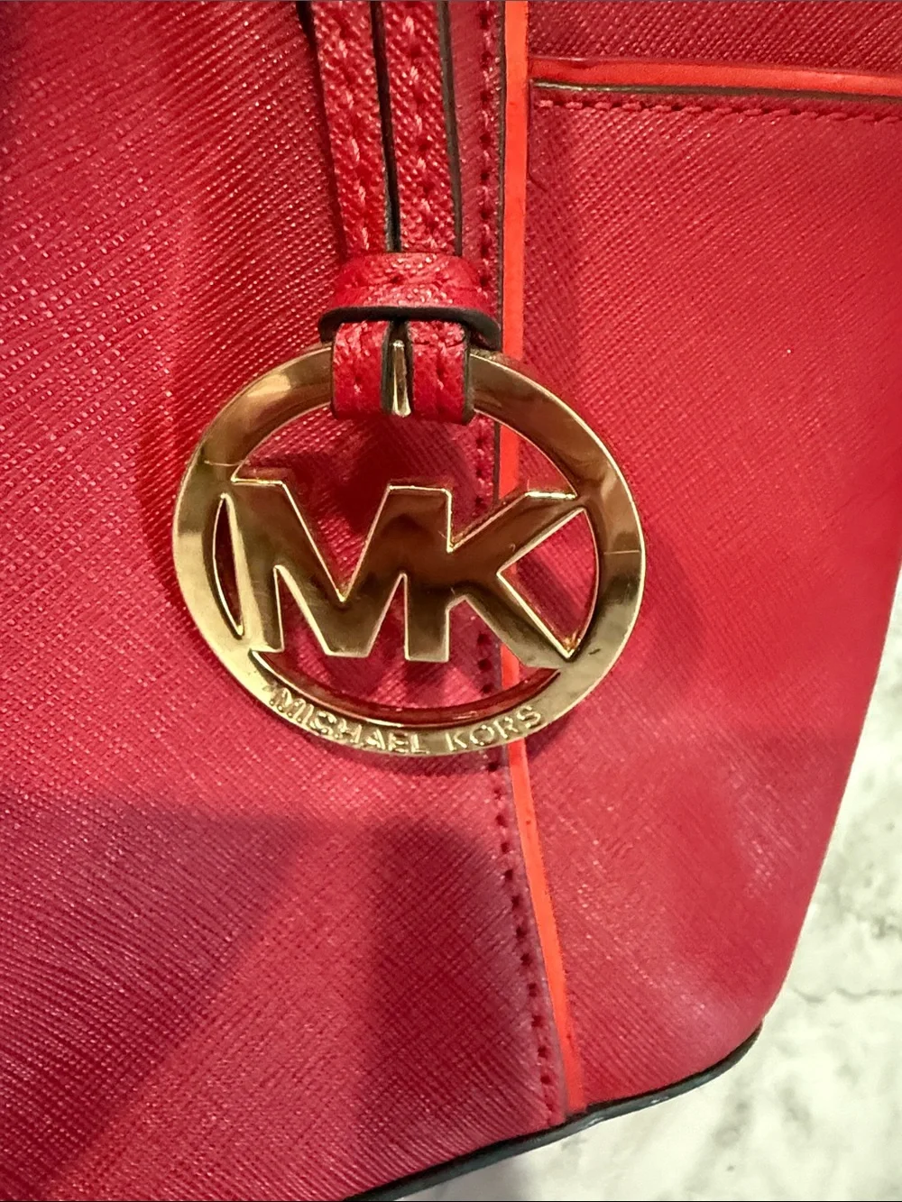 Michael Kors Bright Red Saffiano Leather Tote with Gold Hardware